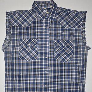 Cowboy Legend Mens Blue and White Plaid Sleeveless Shirt with Snaps Size Large